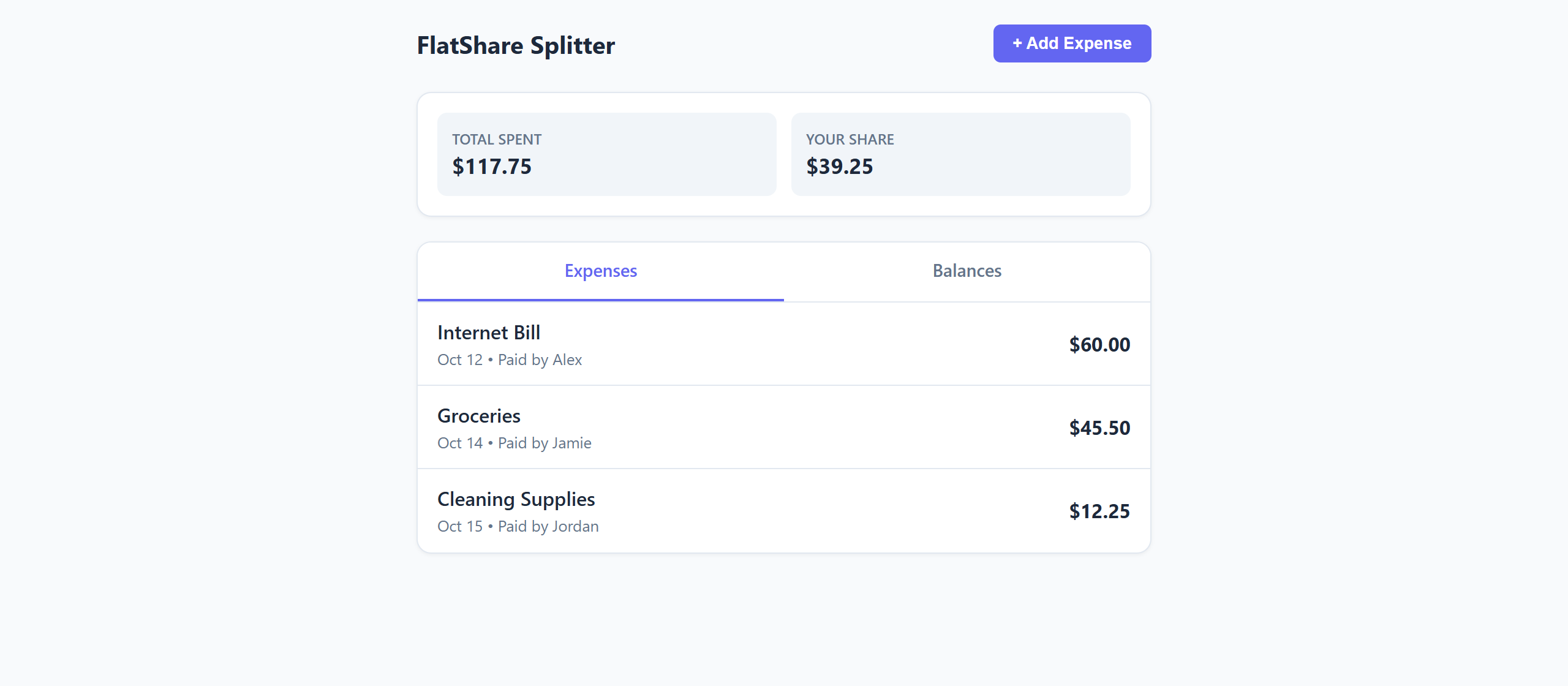FlatShare Splitter, the interface generated from the prompt shown on its page